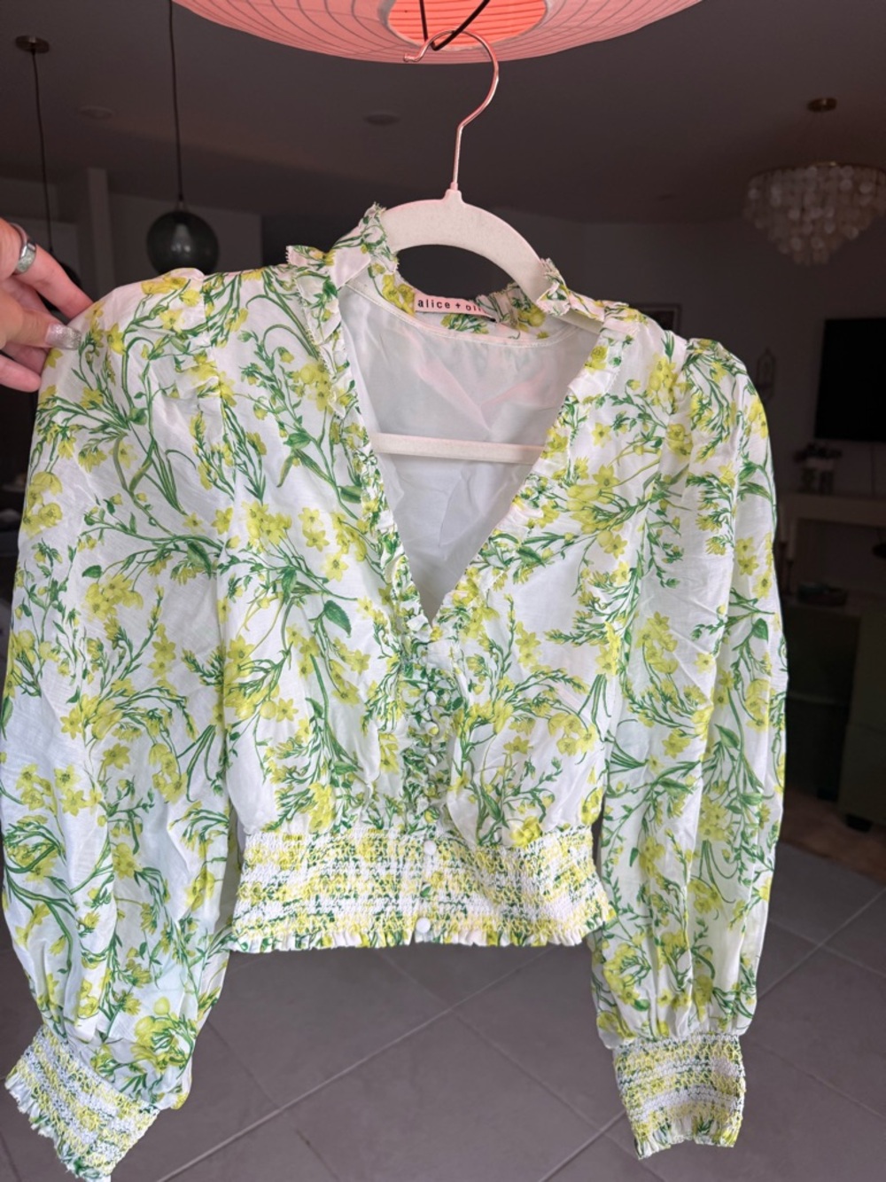 Alice + Olivia Yellow & Green Floral V-Neck Smocked Cropped Blouse
